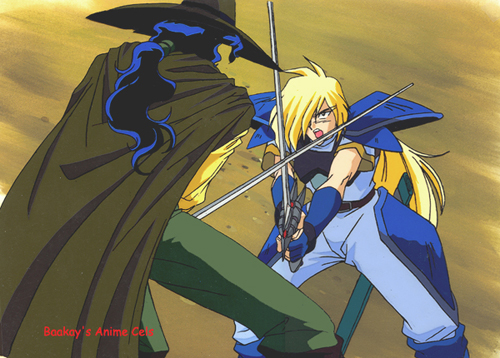Gourry and Zangulus face off in a swordfight.